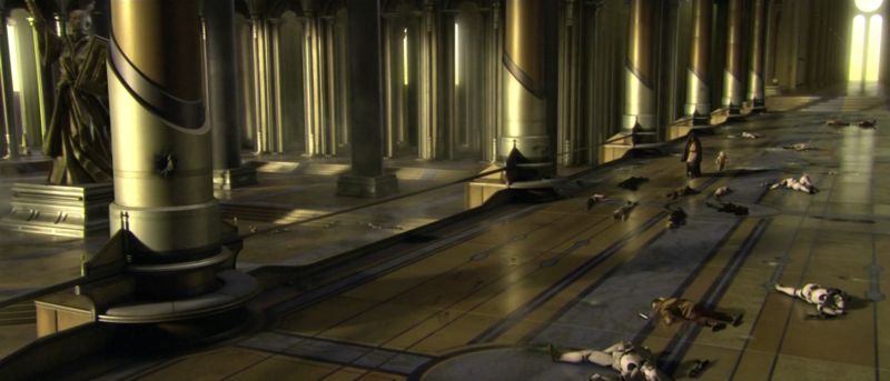 Kenobi i Yoda na korytarzu, pełnym zwłok Jedi