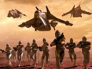 Żołnierze-klony i LAAT w natarciu na Geonosis.