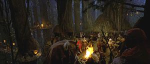 Rebelianci i Ewoki świętują po wygranej bitwie.