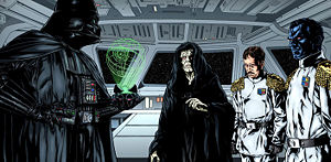 Thrawn (po prawej) wraz z Vaderem, Palpatinem i Miltinem Takelem.