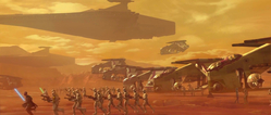 Nowo utworzona Wielka Armia Republiki pod dowództwem rycerzy Jedi podczas bitwy o Geonosis