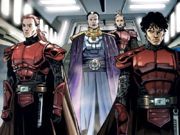 Imperator Roan Fel wraz z Antaresem Draco (po prawej) i innymi Rycerzami.