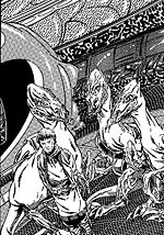 Admirał Ivpikkis (po lewej), mistrz Firwirrung (pośrodku) i Błękitnołuski (po prawej) przepytują Deva Sibwarrę o jego wizje Mocy, w których widział Luke'a Skywalkera.