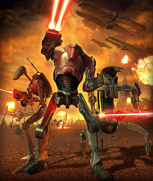 Droidy bojowe Federacji Handlowej: typu B1 i B2 oraz droideka.