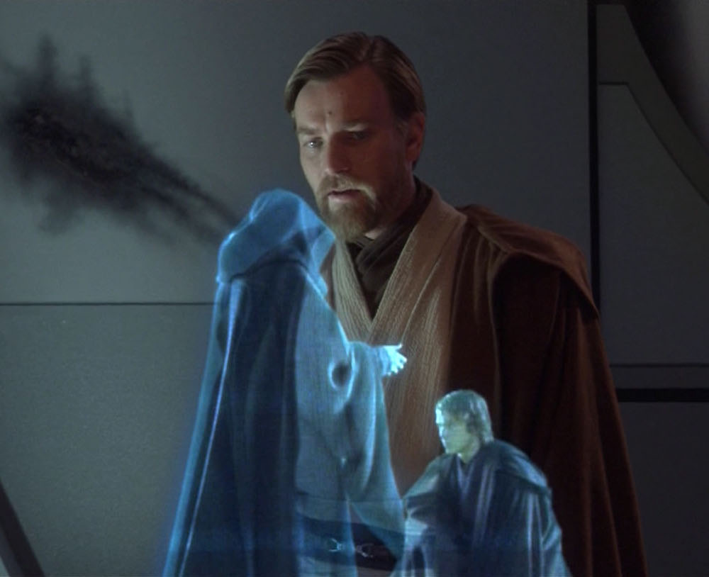 Obi-Wan Kenobi, obserwujący nagranie, na którym Sidious gratuluje Vaderowi pomyślnego wykonania Operacji Knightfall