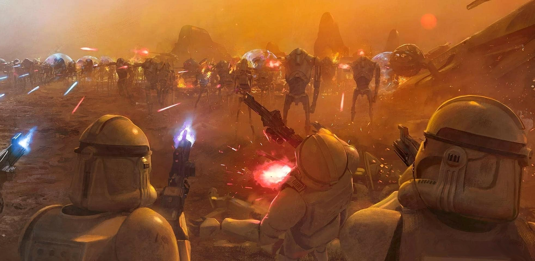 Ilustracja przedstawiające walczące klony z droidami bojowymi stanowiąca element przedniej okładki.