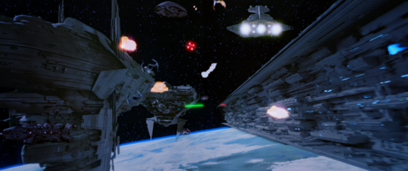 Wymiana ognia między fregatą typu Nebulon-B, a Gwiezdnym Niszczycielem podczas bitwy o Endor.